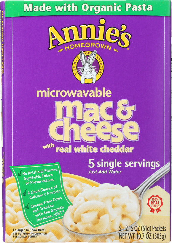 ANNIE'S HOMEGROWN: Macaroni and Cheese with Real White Cheddar 5 Single Servings, 10.7 Oz