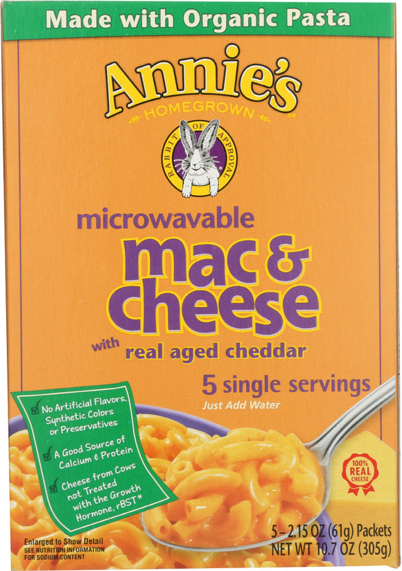 ANNIE'S HOMEGROWN: Microwavable Macaroni & Cheese with Real Aged Cheddar 5 Single Servings, 10.7 Oz