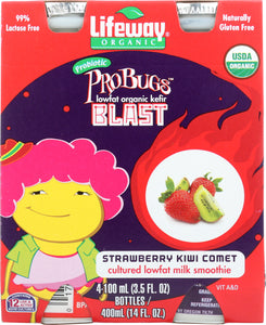 LIFEWAY: Kefir Organic ProBugs Blast Strawberry Kiwi Comet 4 Count (3.5 Oz Each), 14 Oz