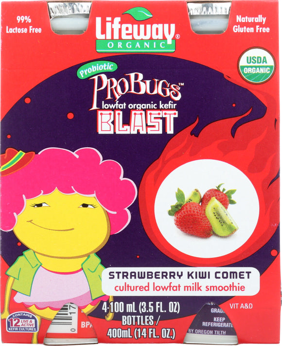 LIFEWAY: Kefir Organic ProBugs Blast Strawberry Kiwi Comet 4 Count (3.5 Oz Each), 14 Oz