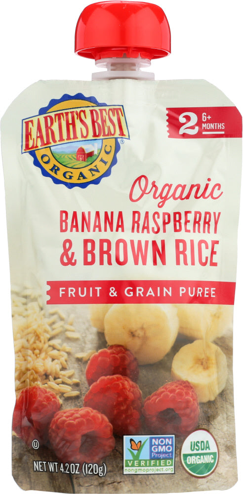 EARTHS BEST: Organic Fruit & Grain Puree Banana Raspberry Brown Rice, 4.2 Oz