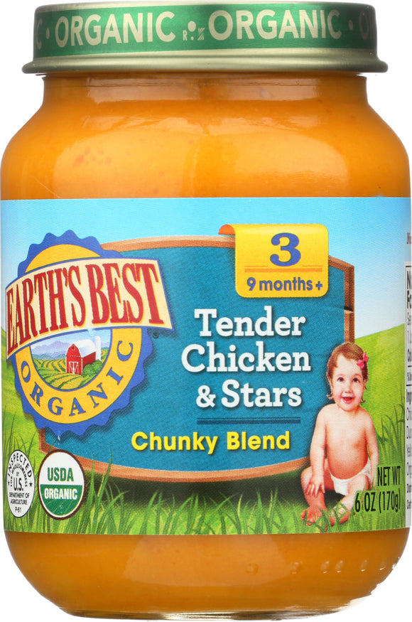 EARTH'S BEST: Organic Baby Food Stage 3 Tender Chicken & Stars Chunky Blend, 6 Oz