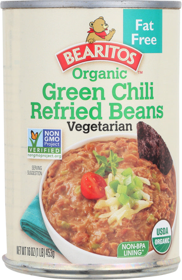 LITTLE BEAR: Bearitos Organic Refried Beans Fat Free Green Chiles, 16 Oz