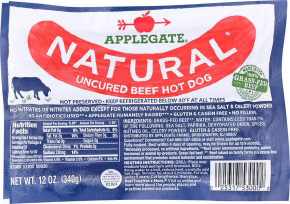 APPLEGATE: Natural Uncured Beef Hot Dogs, 12 Oz