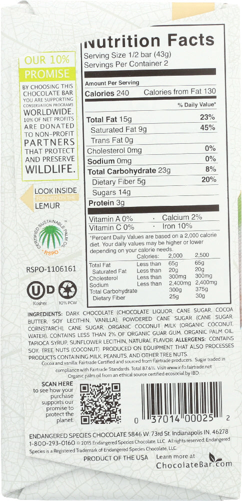ENDANGERED SPECIES: Coconut Creme Filled Dark Chocolate, 3 oz