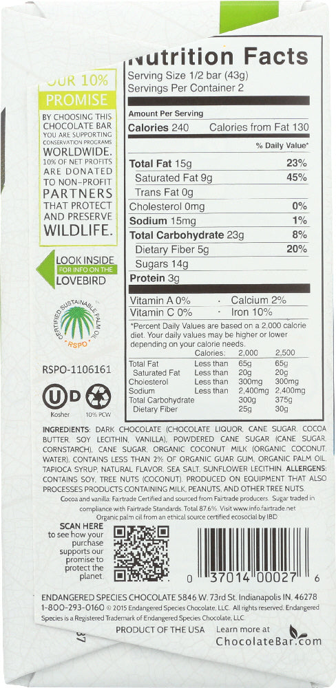 ENDANGERED SPECIES: Sea Salt & Lime Creme Filled Dark Chocolate, 3 oz