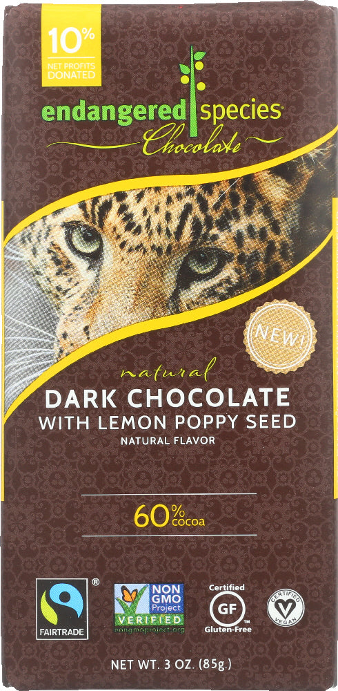 ENDANGERED SPECIES: Chocolate Natural 60% Dark Chocolate Bar Lemon Poppy Seed, 3 Oz
