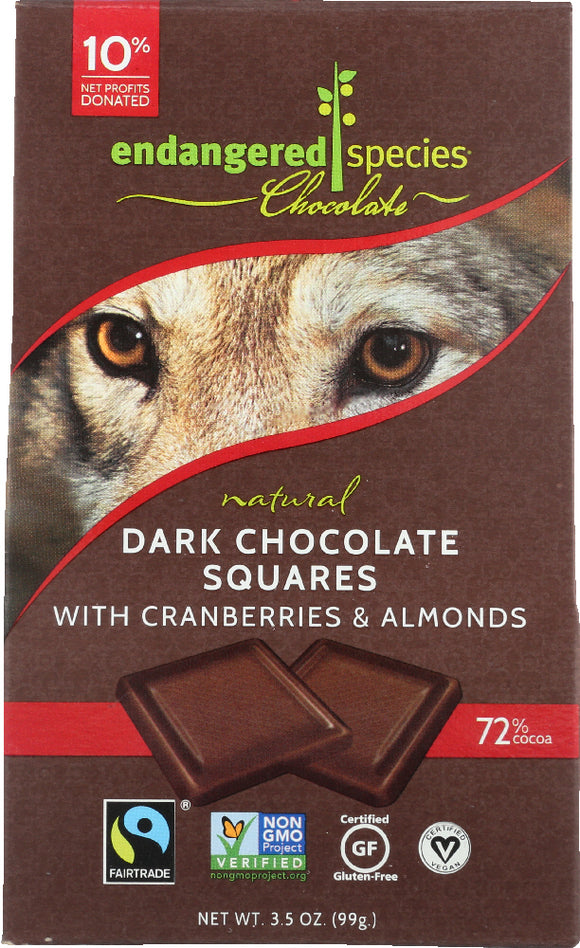 ENDANGERED SPECIES: Natural Dark Chocolate Squares with Cranberries & Almonds, 3.5 oz