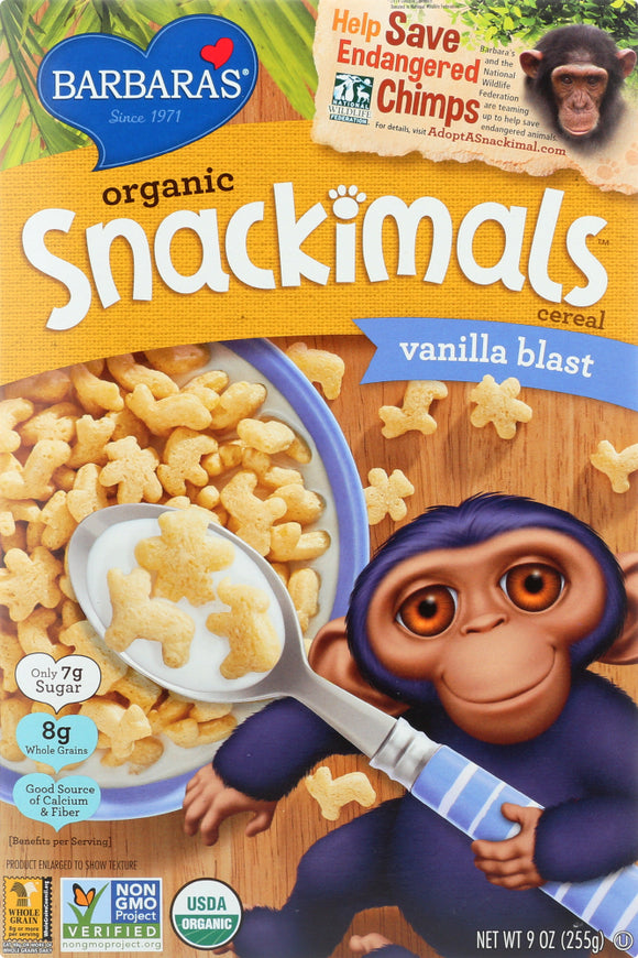 BARBARAS: Organic Snackimals Cereal Vanilla Blast, Non GMO, Whole Grain, Vegan, 9 oz