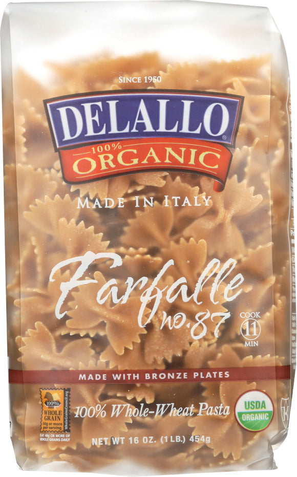 DELALLO: Organic Whole Wheat Pasta Farfalle No. 87, 16 oz