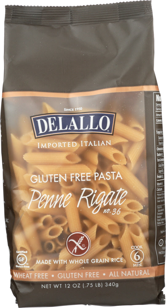 DELALLO: Gluten Free Whole Grain Rice Penne Rigate, Wheat-Free, 12 oz