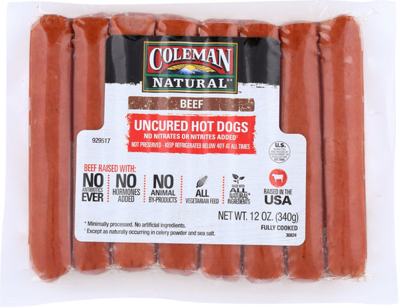 COLEMAN: Hot Dog Uncured Beef, 12 oz