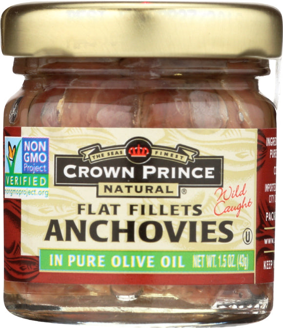 CROWN PRINCE: Natural Anchovies Flat Fillets in Pure Olive Oil, 1.5 oz