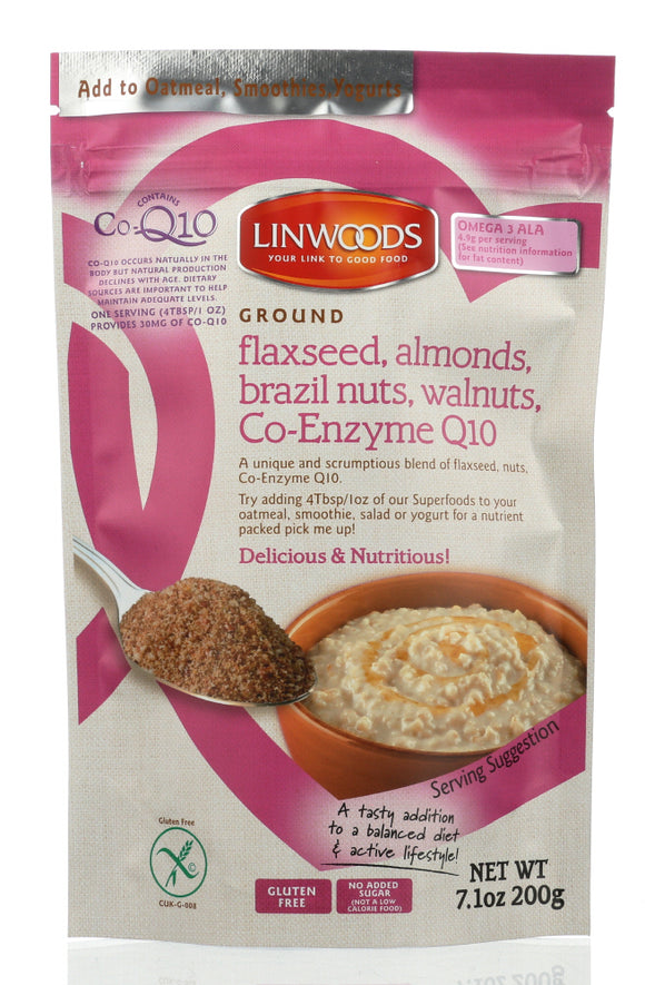 LINWOODS: Ground Flaxseed, Almonds, Brazil Nuts, Walnuts, Co-Enzyme Q10, 7.1 oz