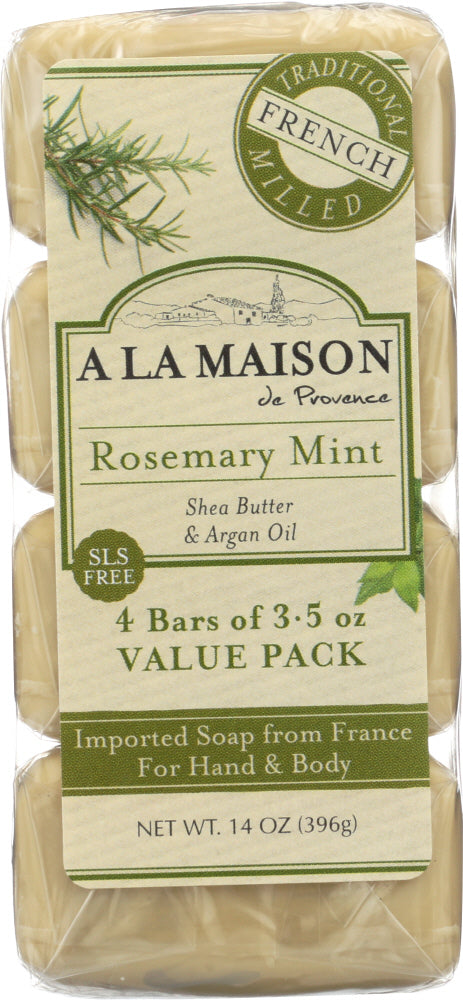 A LA MAISON DE PROVENCE: Traditional French Milled Bar Soap Value Pack Rosemary Mint  4 Bars, 14 oz