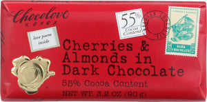 CHOCOLOVE: Cheries & Almonds In Dark Chocolate Bar, 3.2 oz