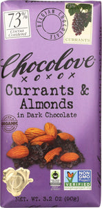 CHOCOLOVE: Organic Dark Chocolate Bar Currants and Almonds, 3.2 oz