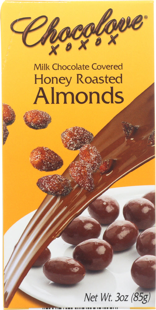 CHOVOLOVE: Milk Chocolate Covered Honey Roasted Almonds, 3 oz