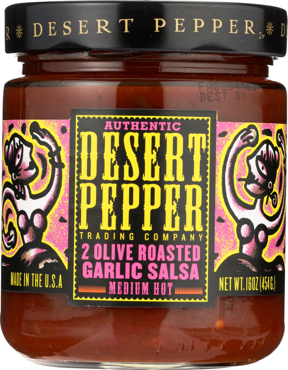 DESERT PEPPER: 2 Olive Roasted Garlic Medium Hot Salsa, 16 oz