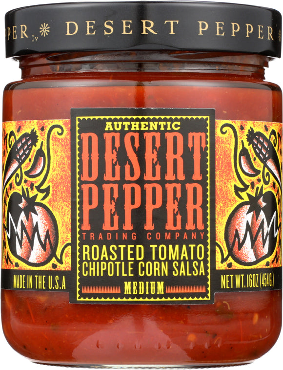 DESERT PEPPER: Roasted Tomato Chipotle Corn Medium Hot Salsa, 16 oz