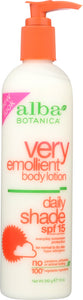 ALBA BOTANICA: Very Emollient Body Lotion Daily Shade Formula SPF 15, 12 oz