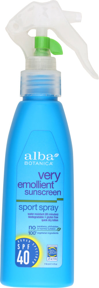 ALBA BOTANICA: Natural Very Emollient Sunscreen Sport Spray SPF 40, 4 oz