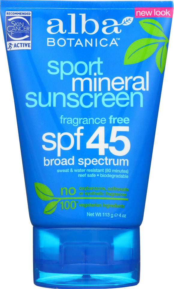 ALBA BOTANICA: Very Emollient Sunscreen Sport Mineral Protection SPF 45, 4 oz