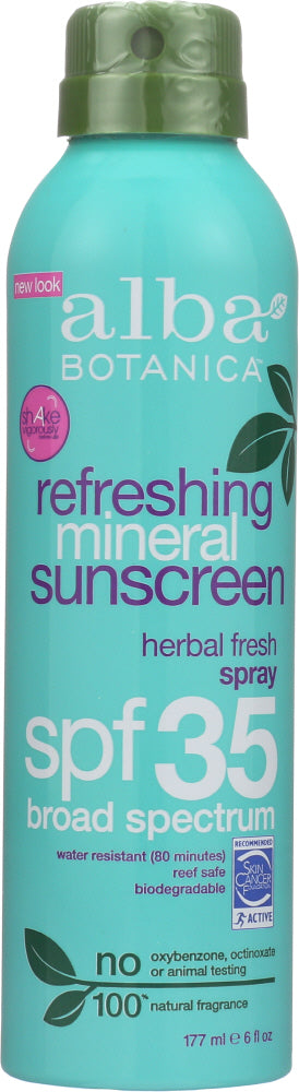 ALBA BOTANICA: Very Emollient Mineral Spray Sunscreen Herbal Fresh SPF 35, 6 oz