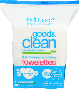 ALBA BOTANICA: Good & Clean Dual Textured Exfoliating Towelettes, 30 Wet Towelettes