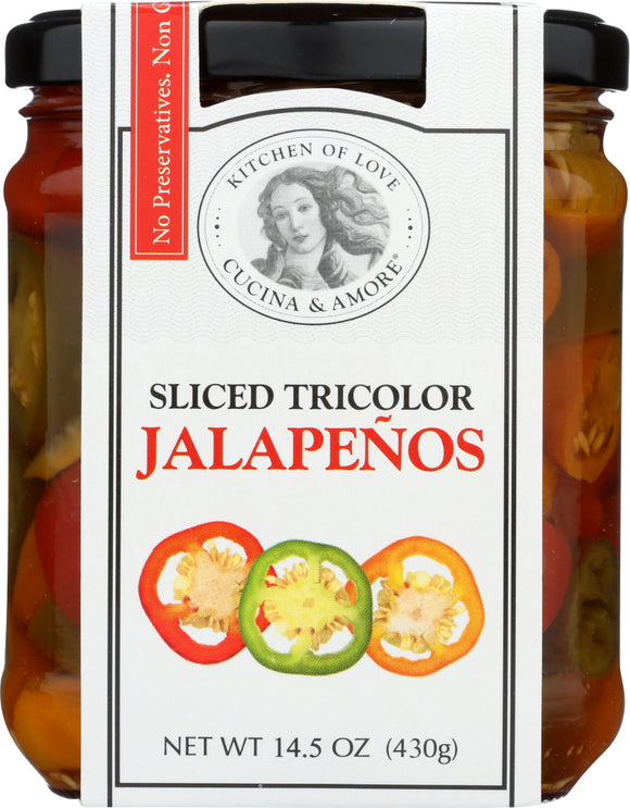 CUCINA & AMORE: Sliced Tricolor Jalapeños, 14.5 oz