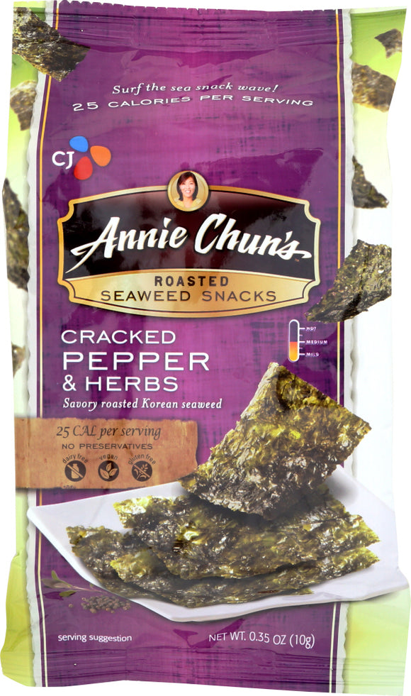 ANNIE CHUN'S: Roasted Seaweed Snacks Cracked Pepper and Herbs, 0.35 oz