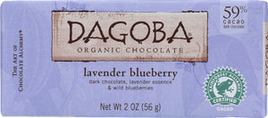 DAGOBA ORGANIC CHOC: Lavender Blueberry Dark Chocolate Bar, 2 oz