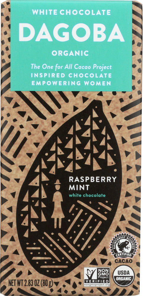DAGOBA ORGANIC CHOCOLATE: Raspberry Mint White Chocolate, 2.83 oz