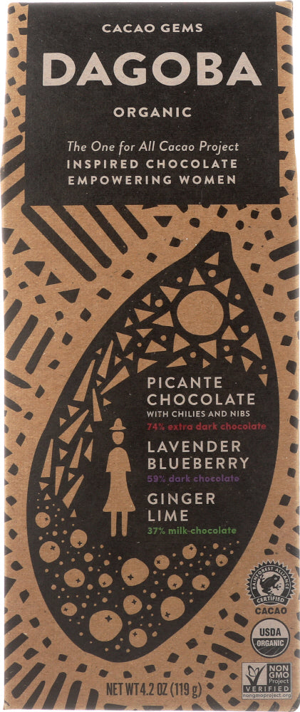 DAGOBA ORGANIC CHOC: Chocolate Gems 3 flavor Pouch Org, 4.2 oz