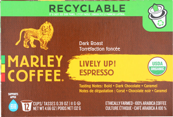 MARLEY COFFEE: Organic Lively Up Single Serve Coffee Espresso Roast, 12 K-Cups