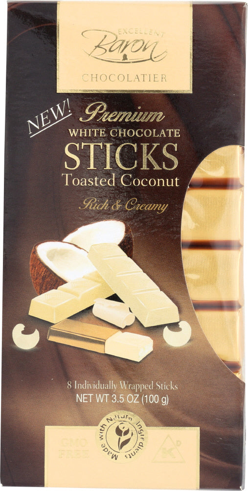 BARON CHOCOLATIER: White Chocolate Sticks Toasted Coconut 3.5 Oz