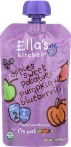 ELLA'S KITCHEN: Organic Baby Food Sweet Potatoes Pumpkin Apples + Blueberries 4+ Months, 3.5 Oz