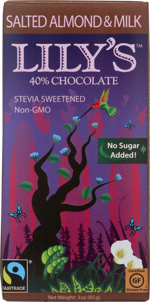 LILY'S SWEETS: Salted Almond & Milk Bar 40% Chocolate, 3 oz