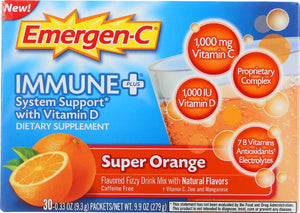 EMERGEN-C: Immune Plus System Support with Vitamin D Super Orange 30 x 0.33 Oz Packets, 9.9 oz