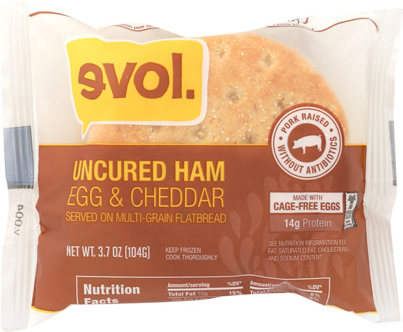 EVOL: Uncured Ham Egg & Cheddar Multi Grain Flatbread Breakfast Sandwich, 3.7 oz