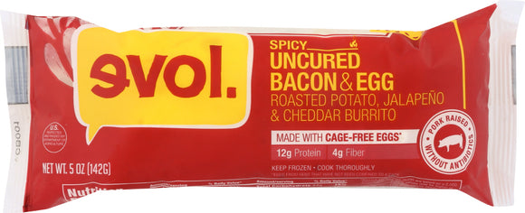 EVOL: Burrito Spicy Uncured Bacon & Egg Roasted Potato Jalapeno & Cheddar, 5 oz