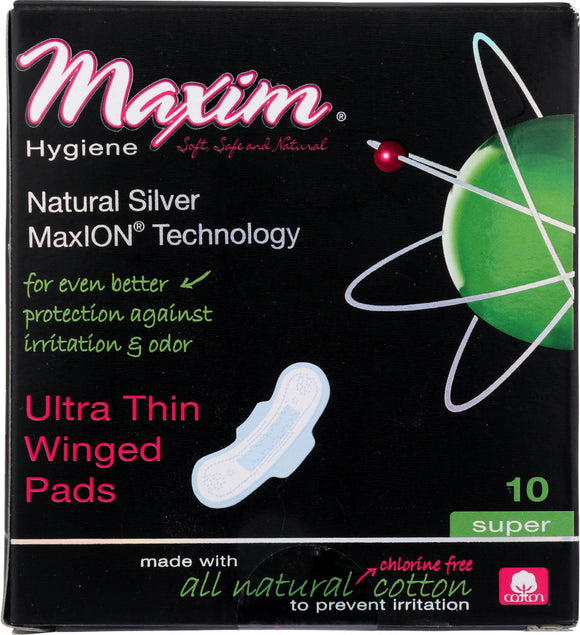 MAXIM:Natural Silver MaxION Technology Ultra Thin Winged Pads Super, 10 pc