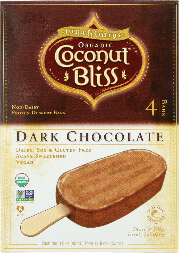 LUNA & LARRY'S: Organic Coconut Bliss Non-Dairy Frozen Dessert Dark Chocolate 4 Bars (3 Oz Each), 12 oz