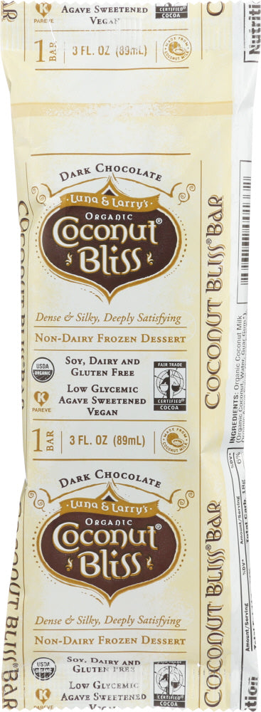 LUNA & LARRYS: Organic Non-Dairy Frozen Dessert Coconut Bliss Dark Chocolate Bar, 3 Oz