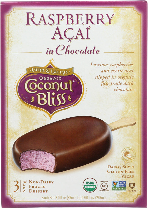 LUNA & LARRYS COCONUT BLISS: Bar 3pk Choc Raspber Acai, 9 Oz