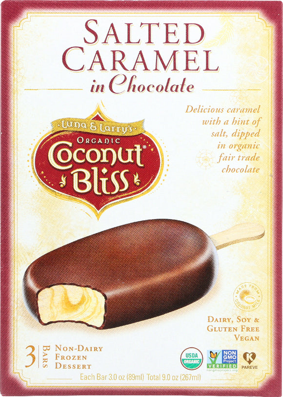 LUNA & LARRY'S: Organic Coconut Bliss Non-Dairy Frozen Dessert Salted Caramel in Chocolate 3 Bars (3 Oz Each), 9 Oz