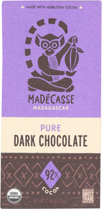 MADECASSE: Pure Dark Chocolate Bar 92% Cocoa, 2.64 oz