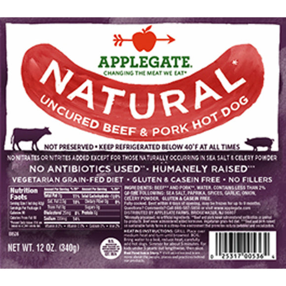 APPLEGATE: Natural Uncured Beef & Pork Hot Dog, 12 oz