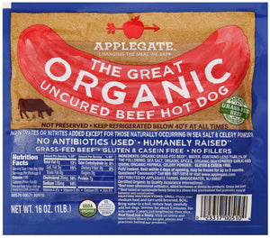 APPLEGATE: The Great Organic Beef Hot Dog Uncured, 16 oz