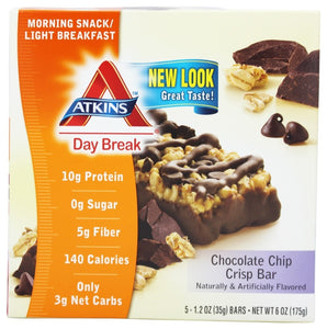 ATKINS: Day Break Snack Bar Chocolate Chip Crisp (5x1.2oz bars), 6 oz